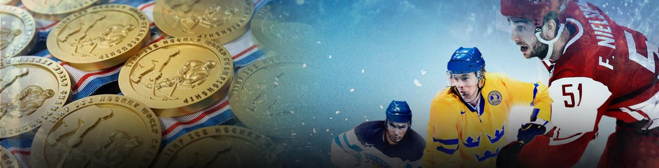Золотые медали на ленте слева и хоккеисты в игровом моменте справа. На переднем плане хоккеист в красной форме, сзади игроки в желтой и тёмной форме. Фон с голубыми элементами льда