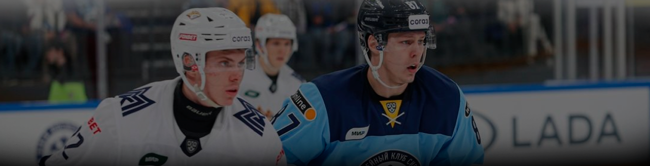 На изображении два хоккеиста в форме разных команд на льду во время игры. На заднем плане видны зрители и рекламные баннеры на бортике арены